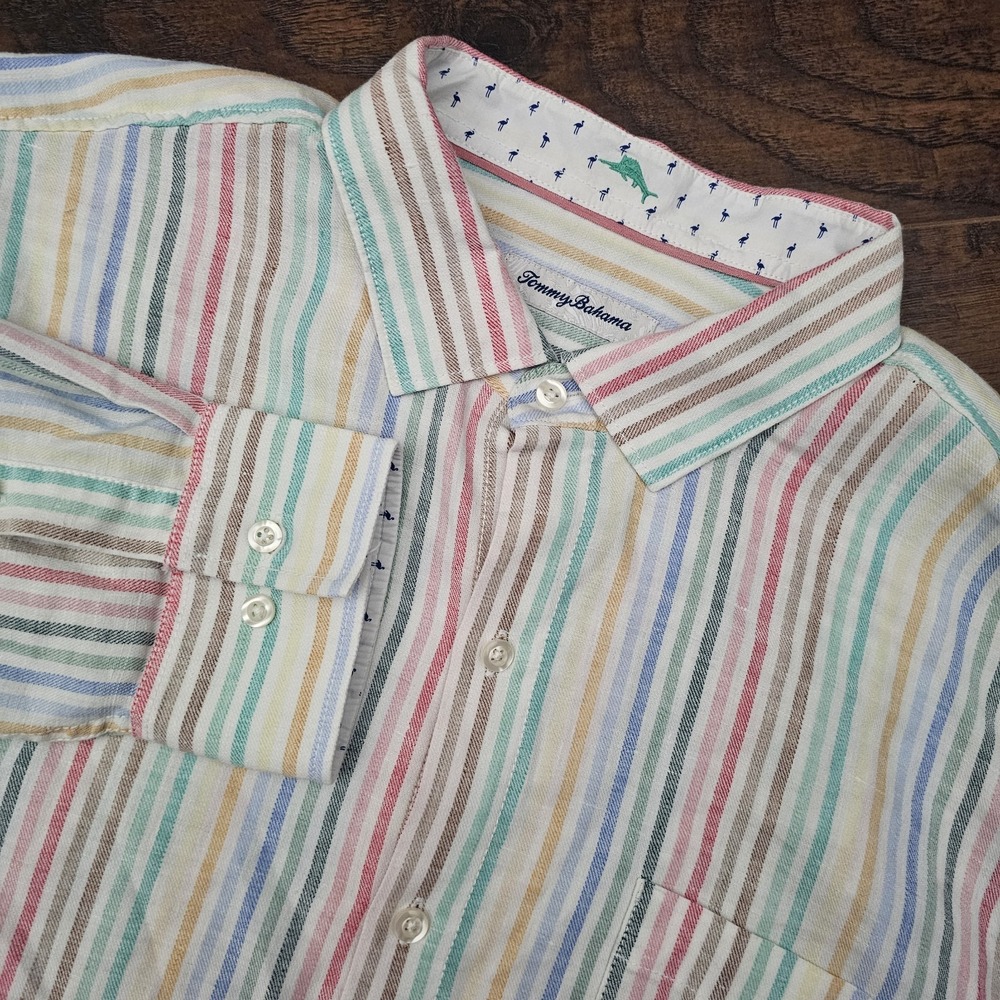 Tommy Bahama Men's XL Colorful Linen Blend Striped Long Sleeve Button Up Shirt
